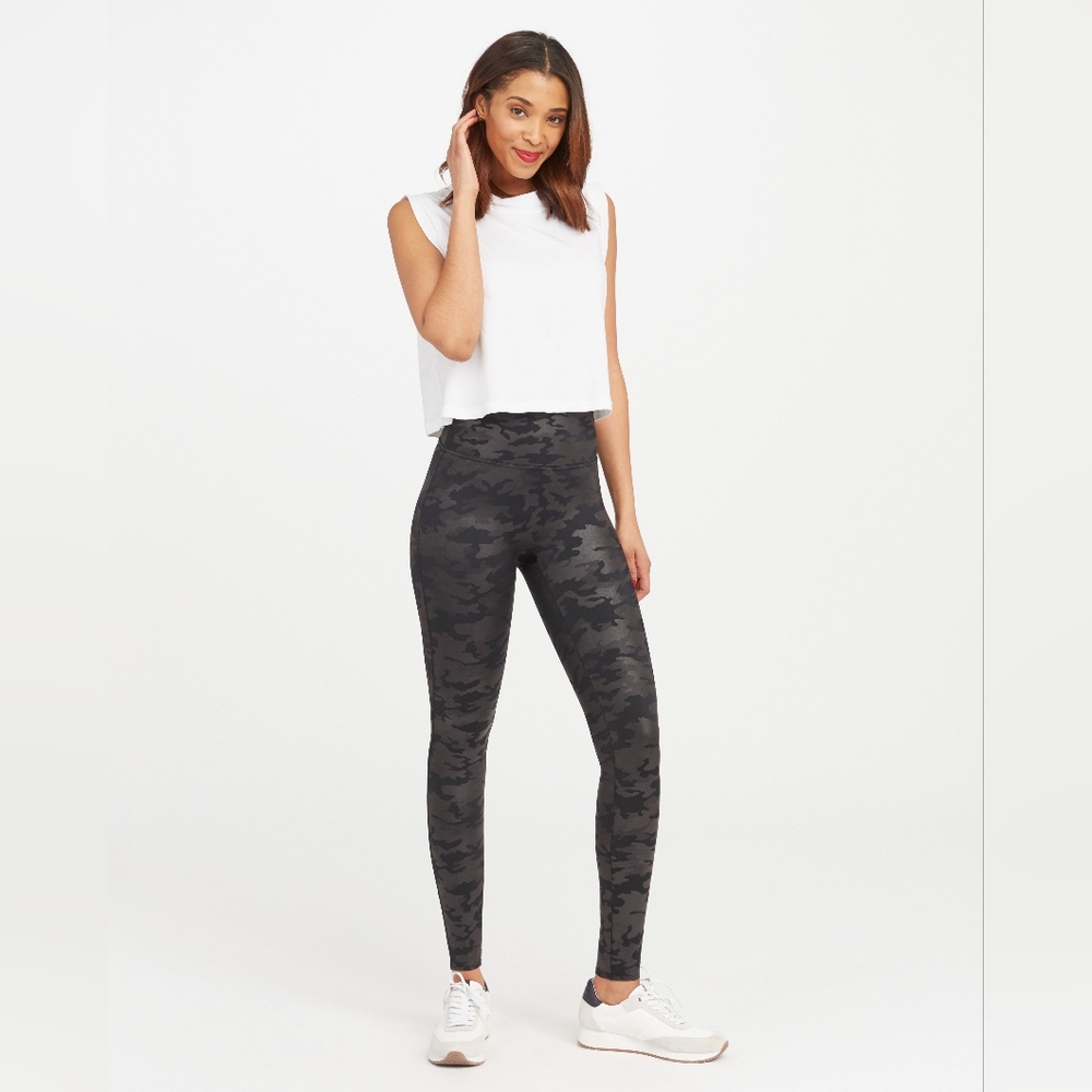SPANX faux leather matte black camo leggings